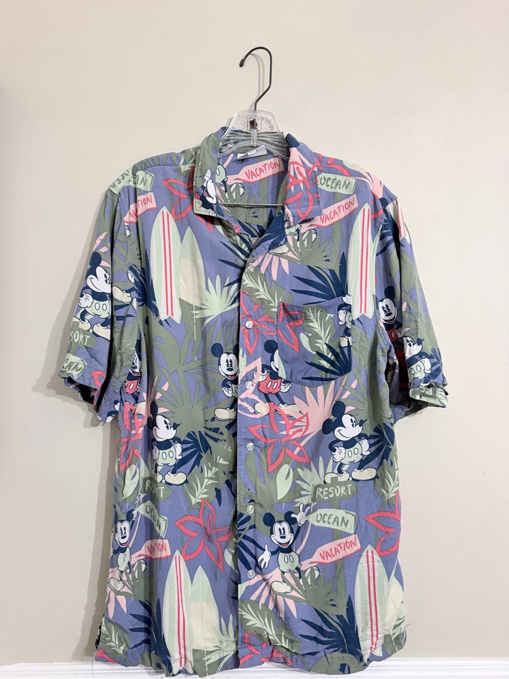 Men's Short Sleeve Hawaiian Shirt in Green and Blue with Disney Print